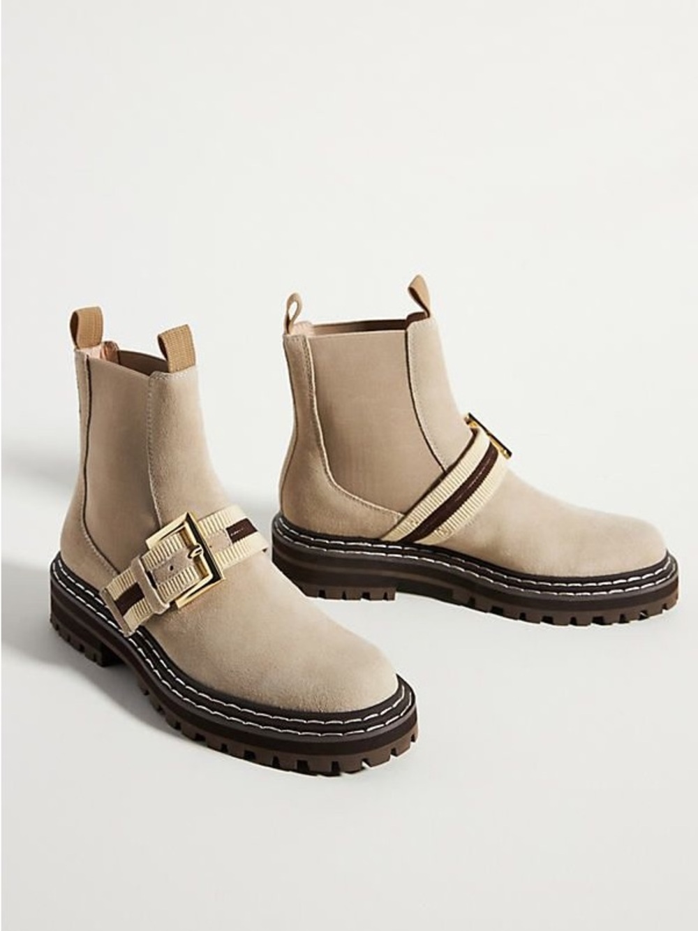 Anthropologie Cecelia Harriet Chelsea Boot Taupe Suede Lug Sole Buckle 6